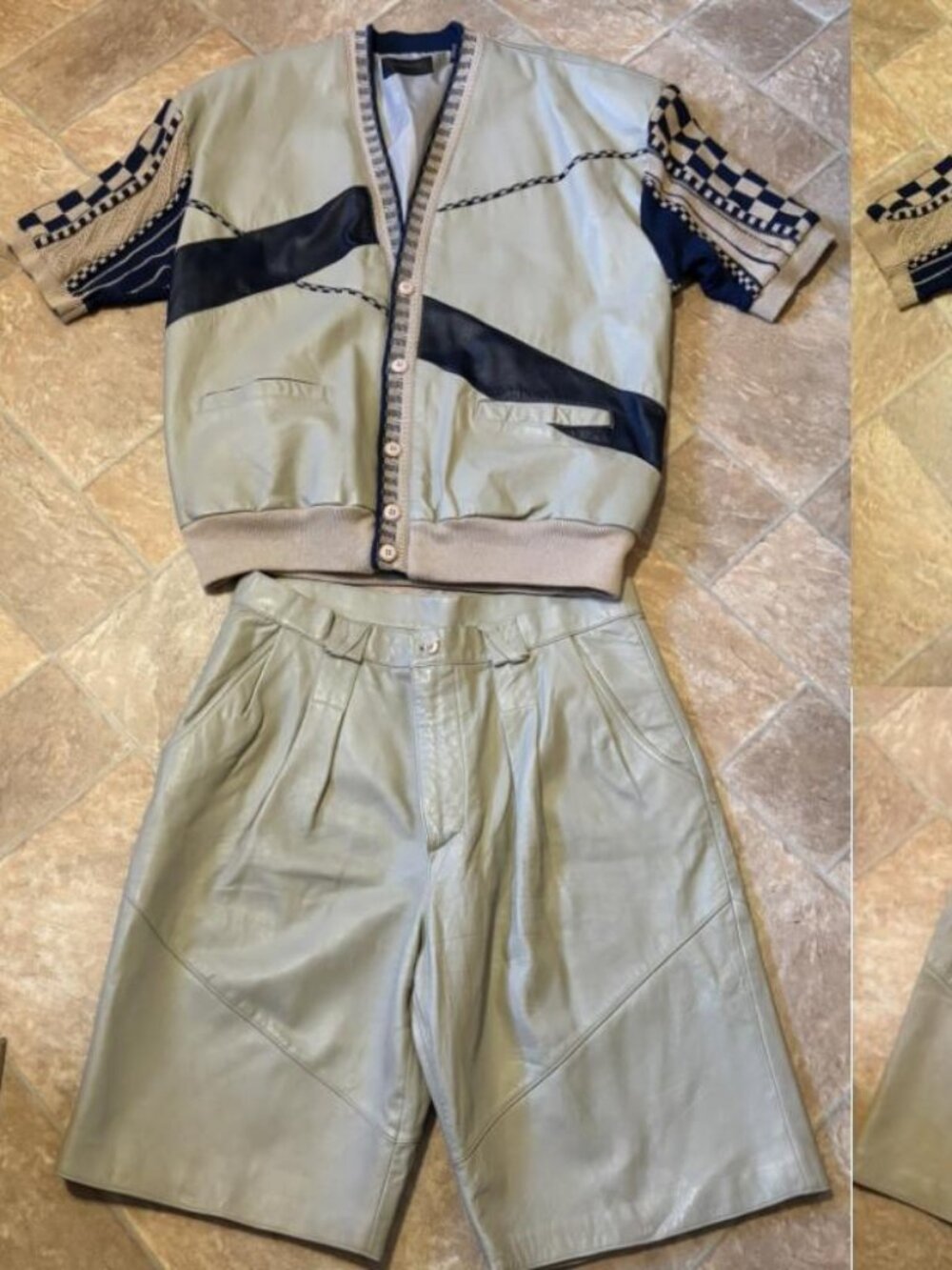 90s Saxony Leather Knit Sweater Short Sleeve Cardigan & Shorts Set Sz XL